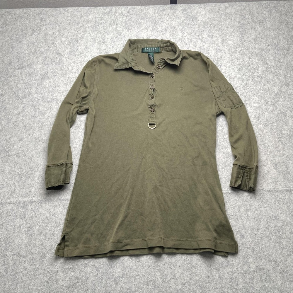 Lauren Ralph Lauren Shirt Womens PM Petite Green Solid 3/4 Sleeve Tunic Polo